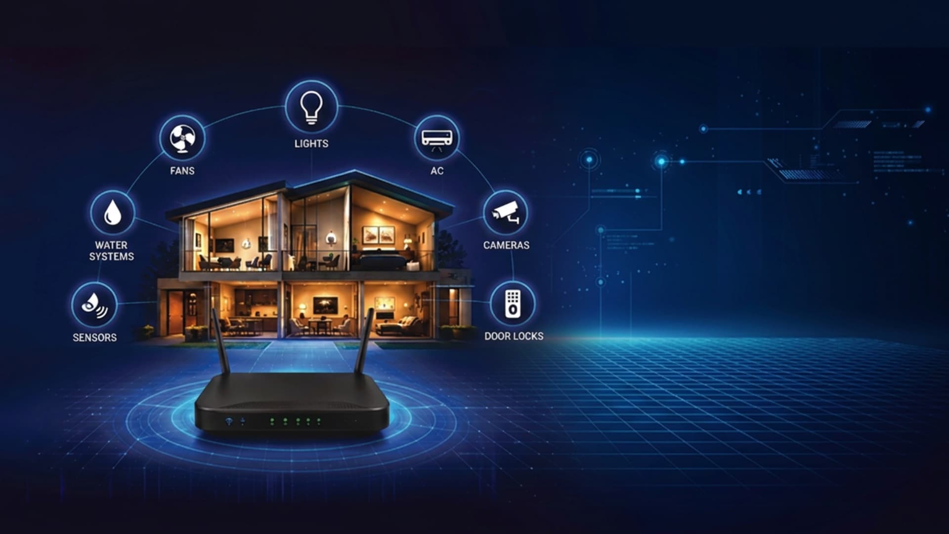 DIGIMAX smart home — lights, fans, AC, water systems, cameras, sensors and door locks connected through one router
